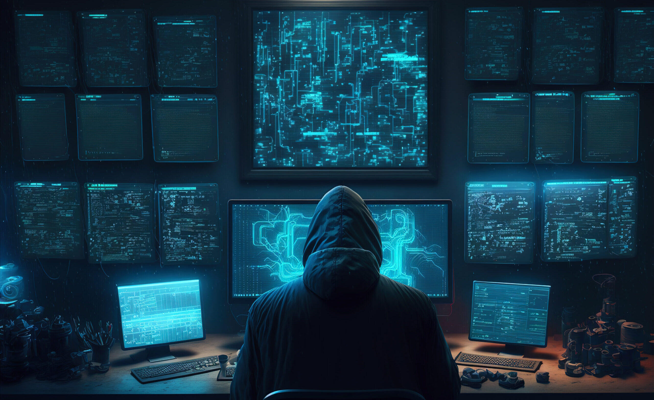 Hacker works in dark room, man uses computers with many monitors, generative AI. Concept of spy, ransomware, cyber technology, hack, vulnerability, matrix, scam, fraud and virus. 3d Illustration