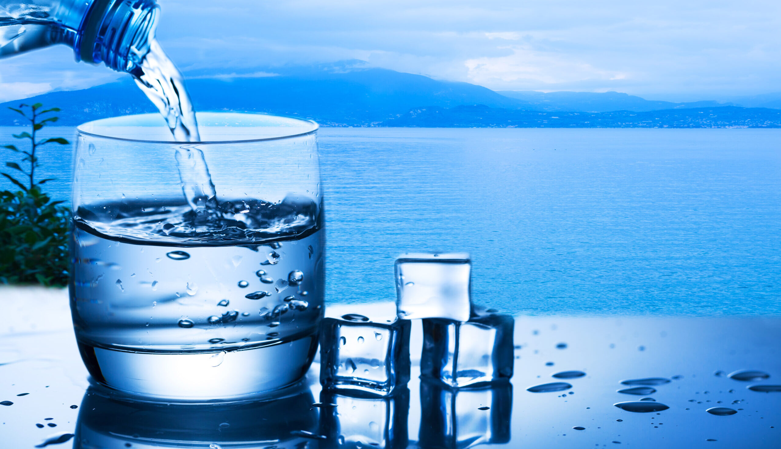 Pouring water from bottle into a glass against the nature background with lake and plant near ice cubes.